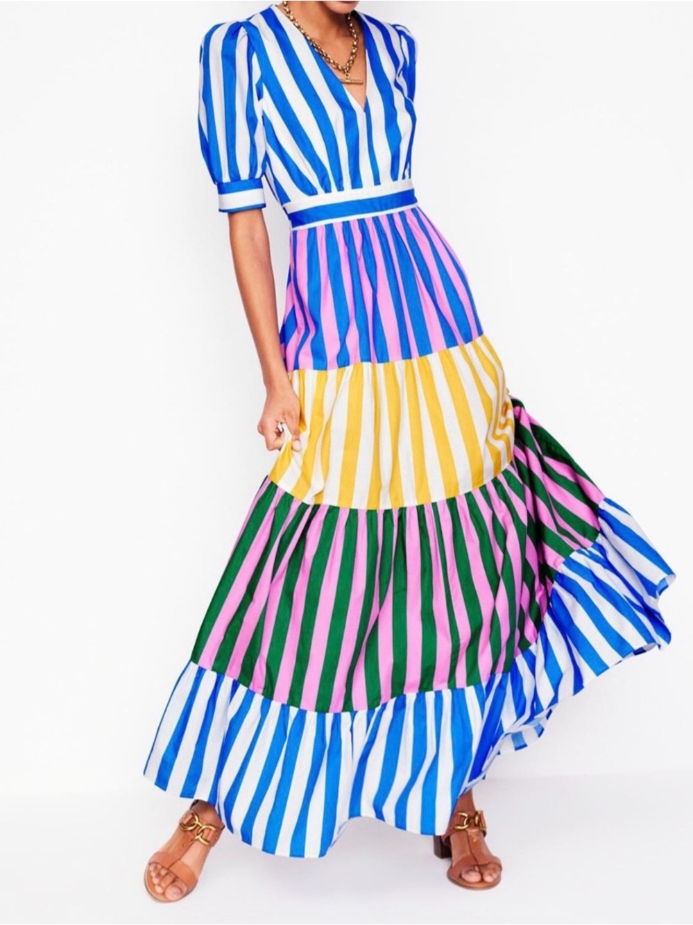 Boden Bella Puff Sleeve Tiered Maxi Dress Multi Color Stripe - Picture 4 of 4